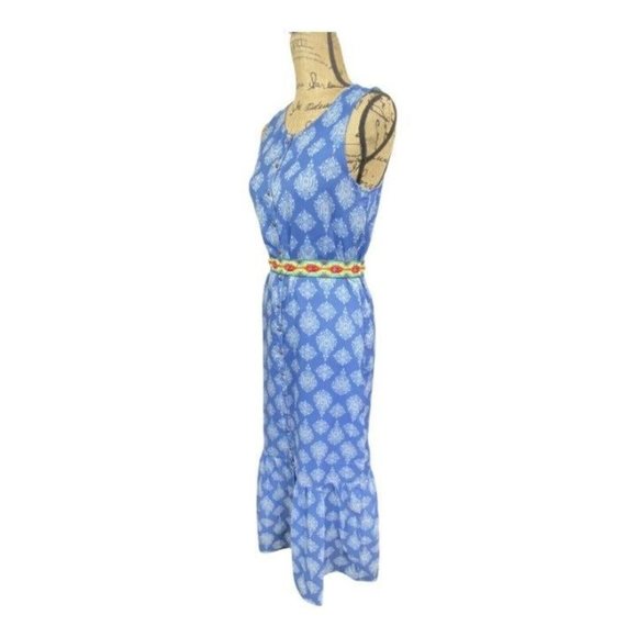 Lucky Brand Blue Ikat Maxi Dress Small Sleeveless Ruffle Bottom Buttons - Picture 12 of 12